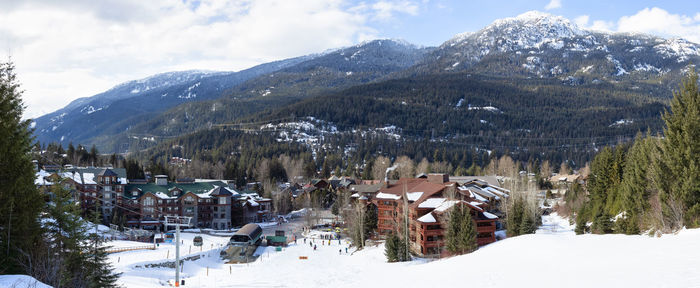 Panoramic view of snow covered landscape and houses against sky