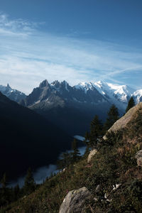 Scenic view of snowcapped mountains against sky