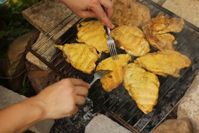 High angle view of person preparing food