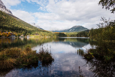 Scenic view of lake hintersee in bavaria against sky