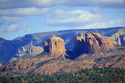 Rock formations on landscape against cloudy sky