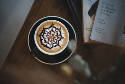 High angle view of coffee on table