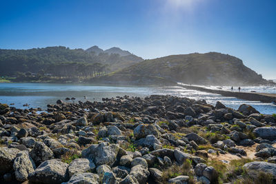 Scenic view of sea against clear blue sky