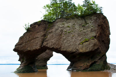 Rock formation in sea against clear sky