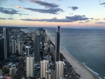 High angle view of city at sunset