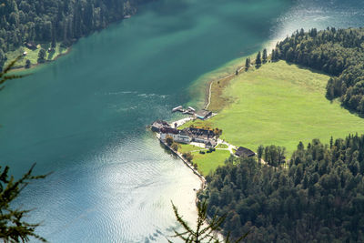 High angle view of land and sea against sky