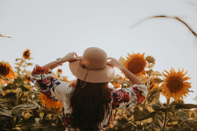 Rear view of woman by flowering plants against sky