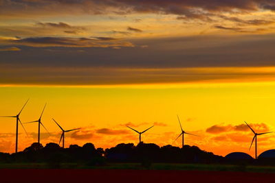 Silhouette wind turbines on land against sky during sunset