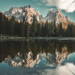 Scenic view of lake by mountains against sky