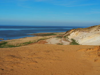 Scenic view of beach against blue sky