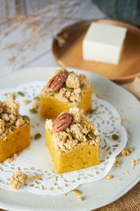 Close-up of dessert in plate on table