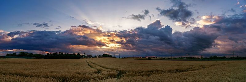 Panoramic view of field against sky during sunset