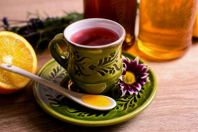 Close-up of tea served on table