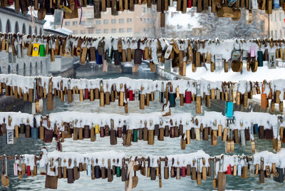 Full frame shot of snow on padlocks