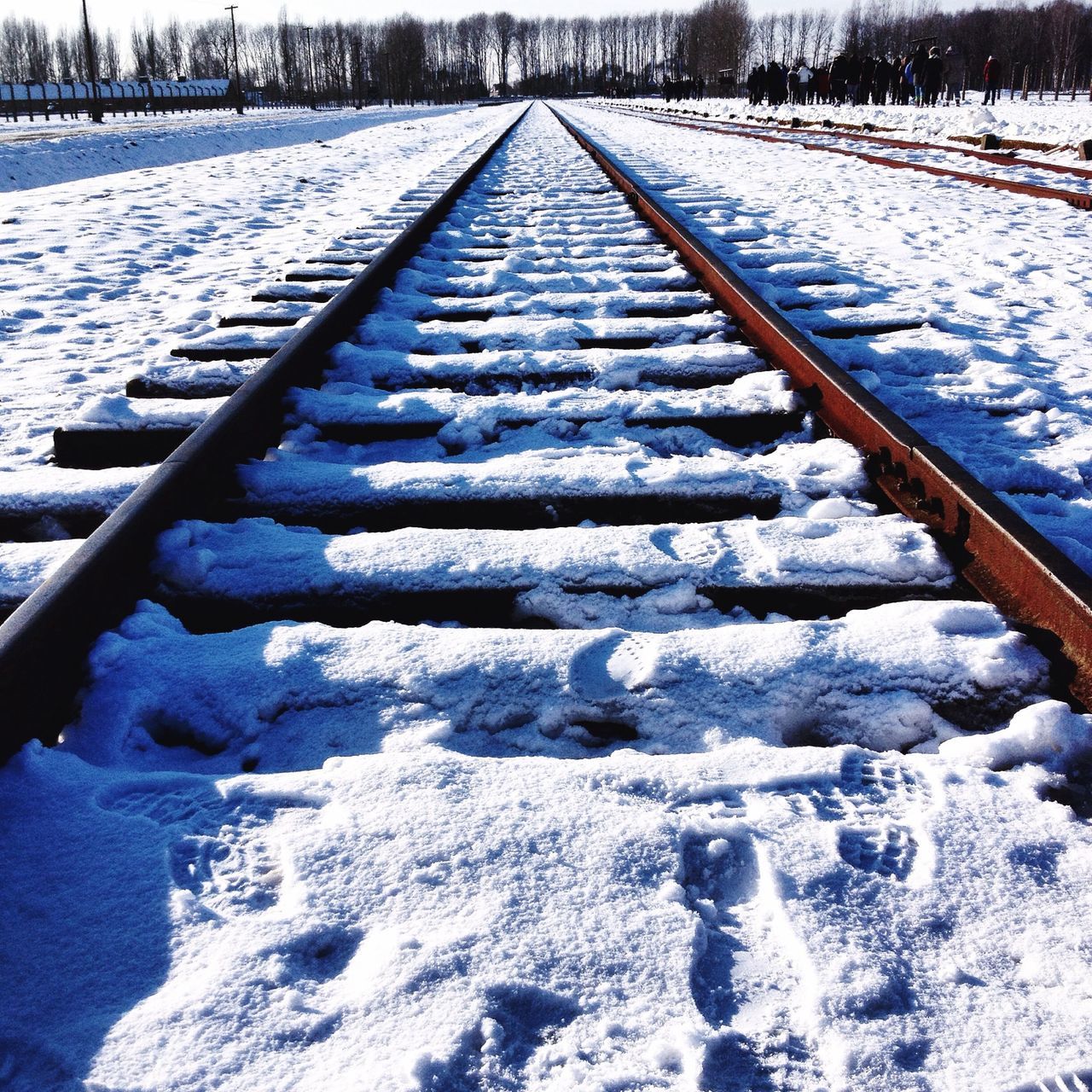 snow, cold temperature, winter, season, weather, the way forward, diminishing perspective, covering, frozen, vanishing point, railroad track, covered, white color, nature, snow covered, outdoors, day, transportation, built structure, tranquility