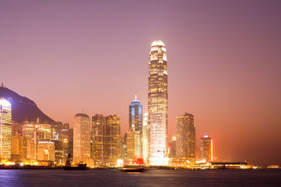 Skyline of victoria harbour on hong kong island at dusk, hong kong, china, asia