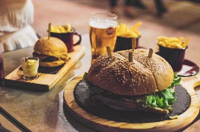 Close-up of burger on cutting board