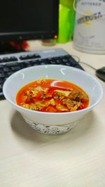 High angle view of soup in bowl on table