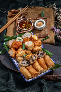 High angle view of food in plate on table