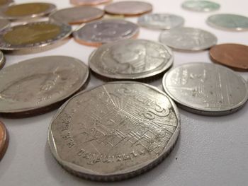 High angle view of coins on table