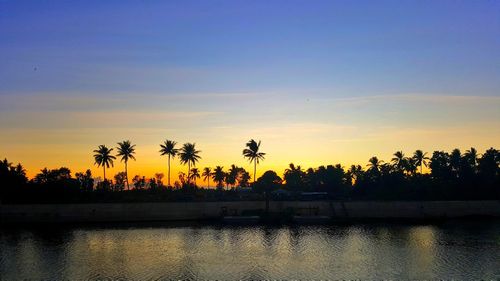 Silhouette palm trees by river against sky at sunset