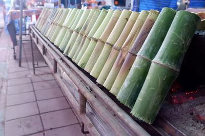 High angle view of rice in bamboo