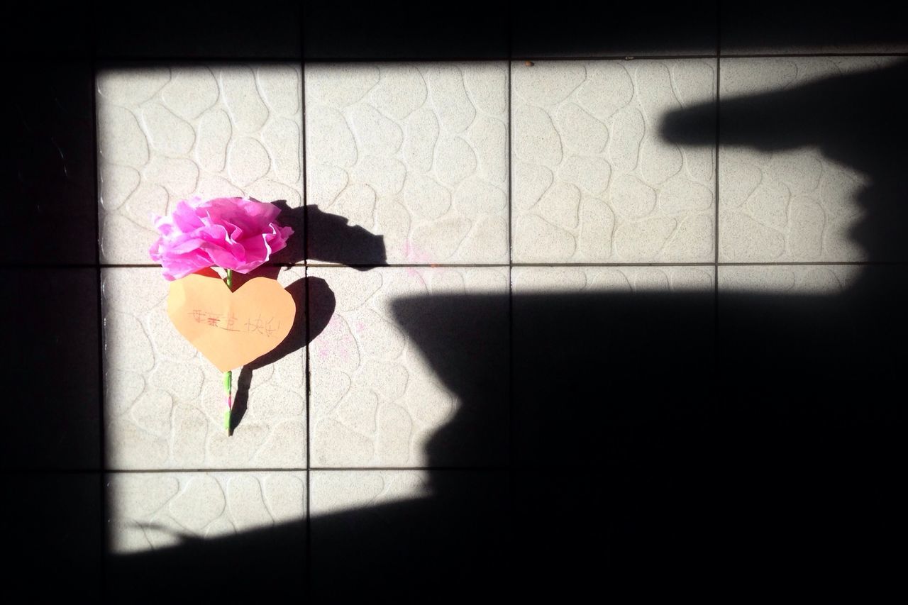 indoors, flower, high angle view, tiled floor, table, shadow, flooring, still life, white color, fragility, vase, pink color, wall - building feature, floor, home interior, petal, no people, tile, freshness, sunlight