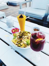 High angle view of breakfast served on table