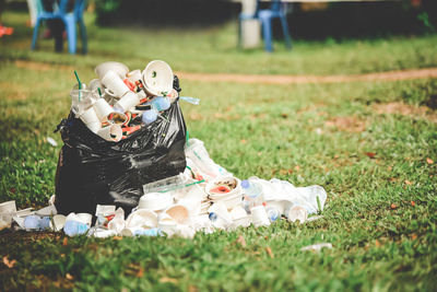 Garbage in garbage bag on grass