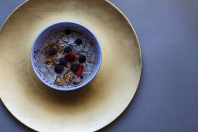 High angle view of breakfast served on table