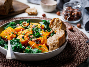 High angle view of vegetables in bowl on table