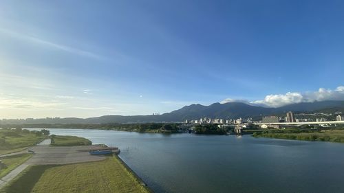 Scenic view of river against blue sky