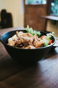 Close-up of meal served in bowl on table