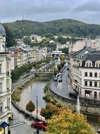 High angle view of buildings in city
