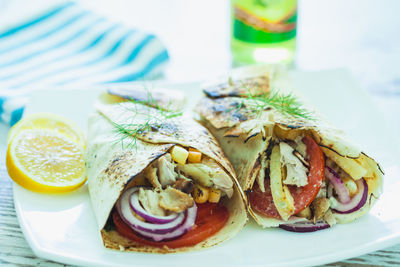 Close-up of food served on table