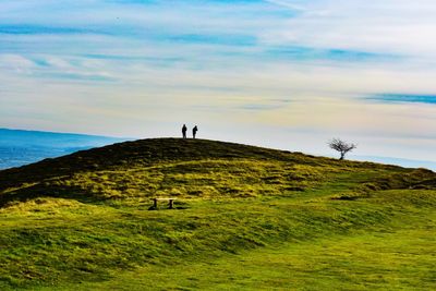 People standing on landscape by sea against sky