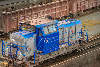 High angle view of train at railroad station