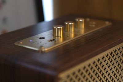 High angle view of camera on table