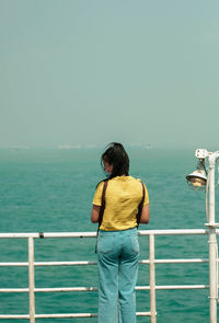 Rear view of man looking at sea against sky