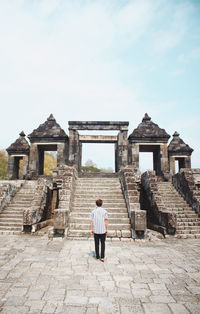 Rear view of man standing outside historical building against sky