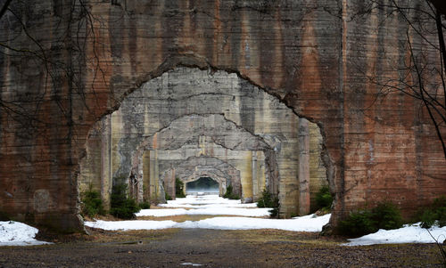 Empty road amidst buildings during winter