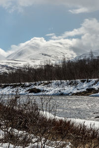 Snow covered landscape against sky