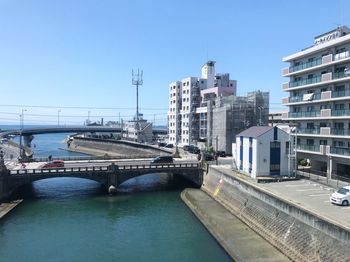 Bridge over river by buildings against clear blue sky