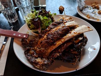 High angle view of food served in plate