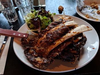 High angle view of food served in plate