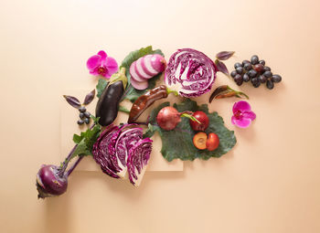 Healthy purple organic vegetables. creative minimalist top view concept. flat lay