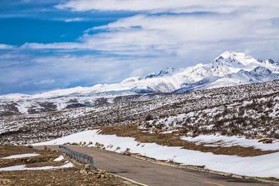 Scenic view of snow covered mountains against sky