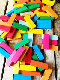 High angle view of colorful toy blocks on table