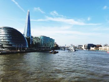 View of buildings by river against cloudy sky