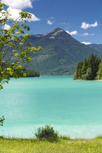 Scenic view of lake against blue sky